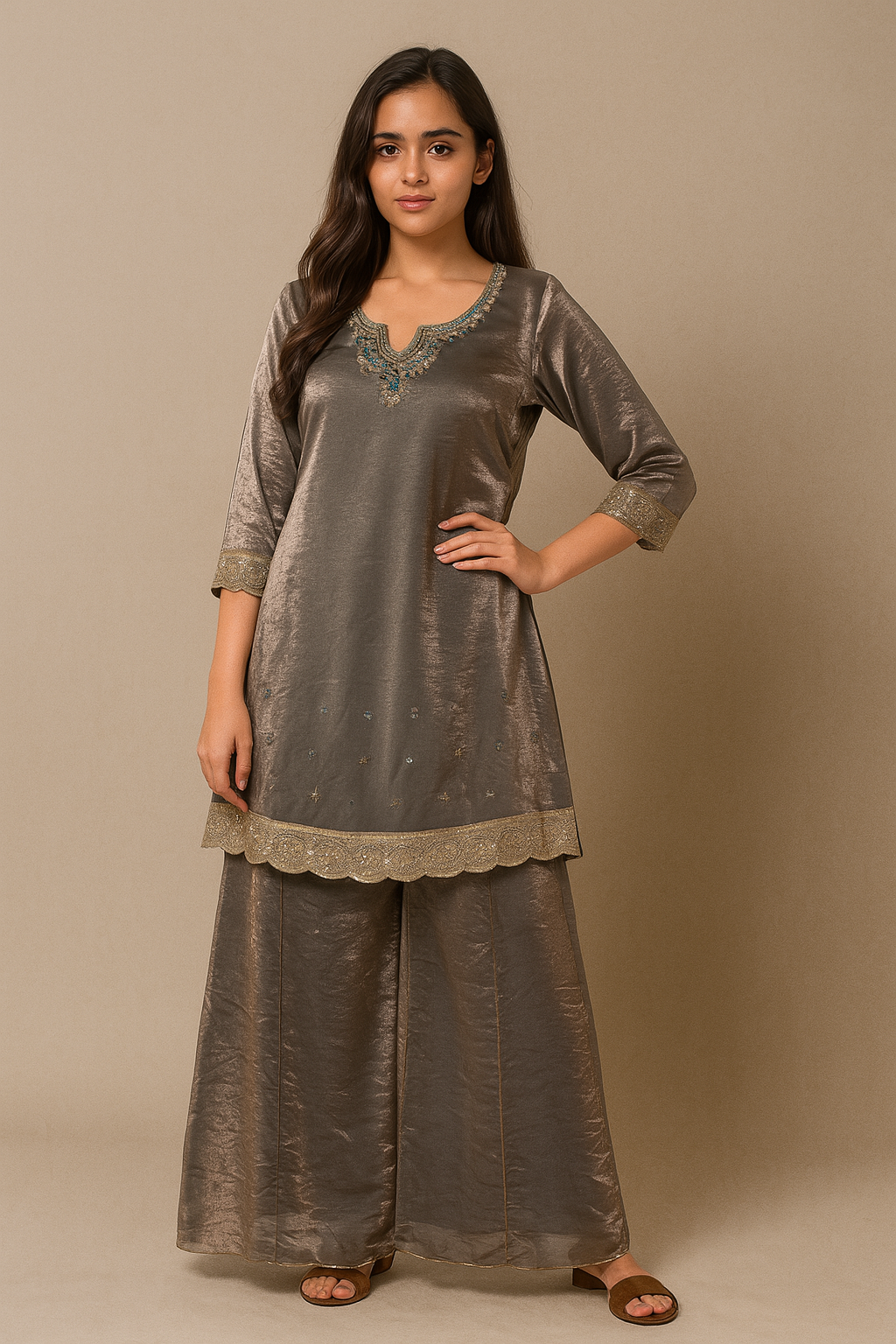 Charcoal Grey Traditional Sharara Kameez - 2 Piece Set